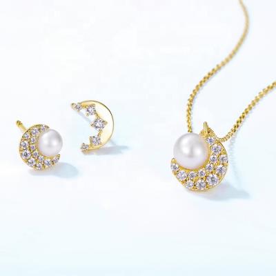 China Nickel Free Fashionable Popular Solid Gold Crescent Moon Pearl 5A CZ Pearl Earrings Necklace Jewelry Set Freshwater Jewelry Set for sale