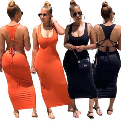 China Hot Sale Sleeveless 2021 Women Dress Solid Color Casual Vest Dress Women Belted Backless Halter Dress Wholesale for sale