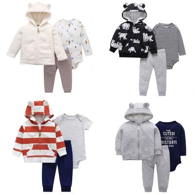 China Spring Autumn 3 Pcs 100% Cotton Hoodies Coat Neutral Jumpsuit Newborn Kids Baby Boy Clothing Overalls Clothing Set for sale