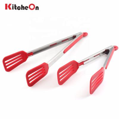 China Sustainable 9 Inch And 12 Inch Stainless Steel Steak Cooking Tongs Set With Silicone Slotted Turner Tips for sale