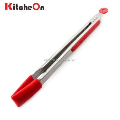 China 12 Inch Sustainable Stainless Steel Locking Serving Tongs With Silicone Heads for sale