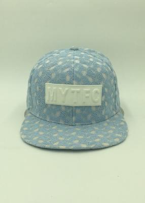 China Outdoor Blue Mesh Snapback Caps Polyester Cotton Applique Embroidery for sale