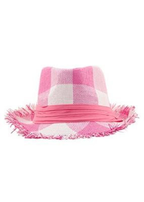 China Pink White Wide Brim Straw Hat , Flat Top Wide Brim Hat Plaid Pattern for sale