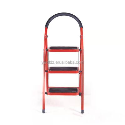 China Folding Ladders 3 Step Home Used Red Steel Step Ladder With Handrail for sale