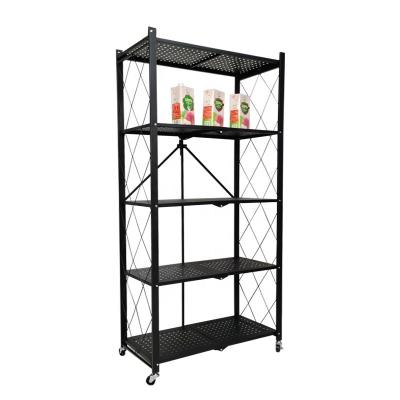 China Single-sided Foldable Kitchen Standing Shelving Unit Shelves Metal Storage Folding Pantry Rack with Wheels 5-tier Mobile Iron Household Rack for sale