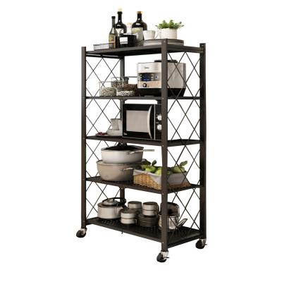 China Single-sided cuisine Folding Metal Kitchen Organizer Shelf Mobile Foldable Storage Rack With Wheels for sale