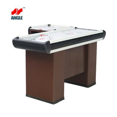 China Supermarket Cash Desk Cashier Table Checkout Counter for Shop White Custom OEM Steel Store Stainless Frame Wooden Time Sets Surface Packing for sale