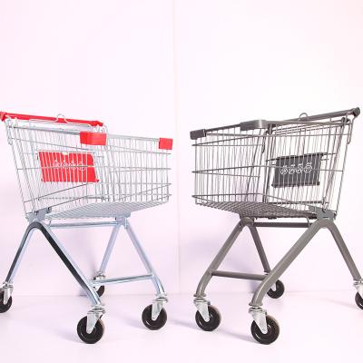 China Durable small supermarket customized logos shopping trolley with elevator wheel for sale