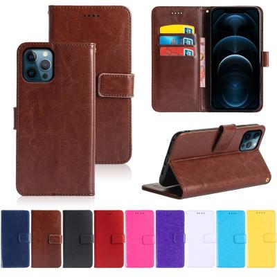 China Anti-fall Crazy Horse Leather Cell Phone Bags Cover Wallet Cases For iPhone 13 12 11 Pro Fe A22 Xiaomi 11 Max Samsung Galaxy S21 Ultra for sale