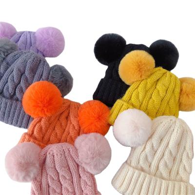 China COMMON Women's Winter Faux Fur Pom Pom Beanie Double Balls Knitted Skullies Pompom Beanies for sale