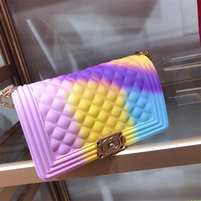 China Clear Fashion Rainbow Lady Chain Purse Lady Candy Bags Luxury Colorful Jelly Handbags Clips Purse Jelly Bag for sale