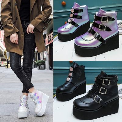 China CUSHIONING 2021 hot tis platform women high fashion pvc strap decorating high wedges shoes woman ankle boots for sale