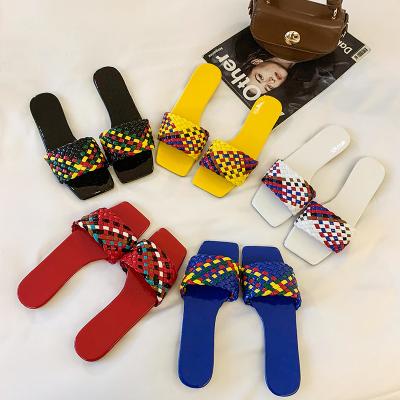 China Fashion Trend 2021 Colorful Soft Pu Slippers Girls Ladies Pu Woven Slides Summer Square Toe Women Sandals for sale