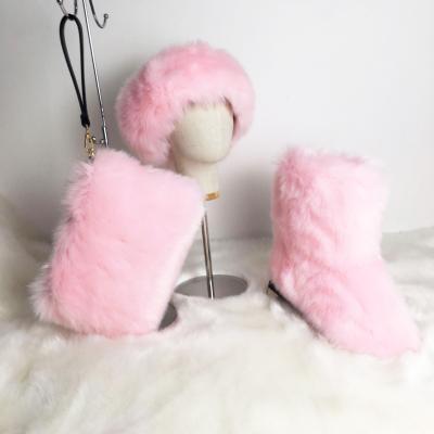 China Faux Fox Fur Flat Fluffy Women Winter Warm Boots Women's Casual Fur Purse Headband Matching Sets for sale