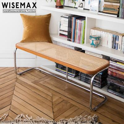 China WISEMAX MEUBLES MEUBLES Nordic Solid Wood Metal Base Frame Rattan Seat Stool With Natural Color Bench Metal Base Chair for sale