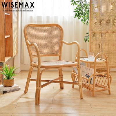 China WISEMAX FURNITURE High Quality Biservice Furniture INS Wooden Style Natural Rattan Leisure Chairs Armrest Dining Chair for sale