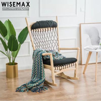 China Classic and Modern WISEMAX FURNITURE Garden Designers Balcony Leisure Natural Wooden Sofa Rope Weaving Low Rocking Chair for sale