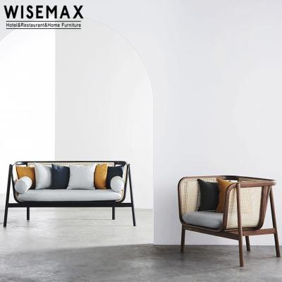 China WISEMAX Modern Wood Frame FURNITURE Ash Wood Counch With Rattan Seating And Back Hotel Lounge Leisure Sofa for sale