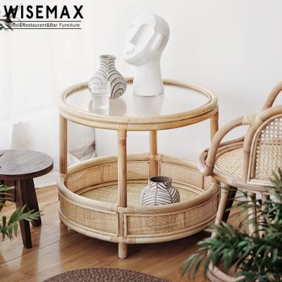 China WISEMAX MEUBLES glass/rattan table top home furniture Nordic wicker coffee table with shelf for sale