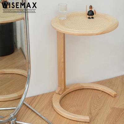 China WISEMAX FURNITURE Nordic Irregular Round Side Table Solid Wood Frame Coffee Table With Rattan Table Top for sale