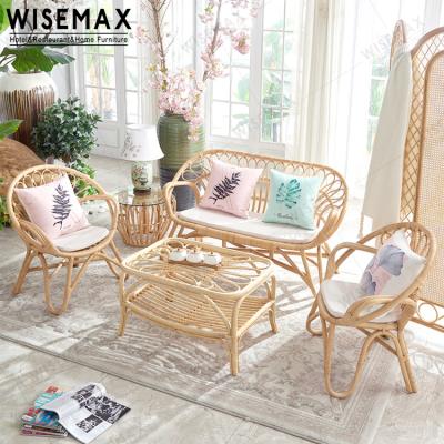 China WISEMAX FURNITURE design Nordic elegant handmade glass top center table natural rattan coffee table for sale