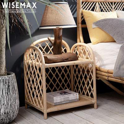 China WISEMAX MEUBLES Rattan Bedroom Furniture Single Rattan Nightstand Two Shelves Storage Bedside Table for sale