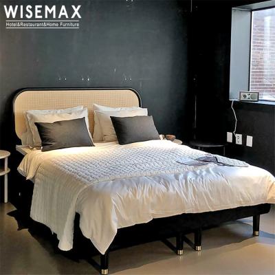 China WISEMAX FURNITURE Classic and Modern Bedroom Furniture Nordic Single Double Bed Rattan Solid Wood Bed Large for sale