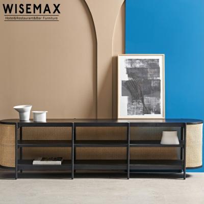 China WISEMAX MEUBLES MEUBLES Modern Design Cabinet Cane Wooden Media Console With Double Shelves Open Storage Cabinet for sale