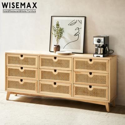 China Factory Nordic High Leg FURNITURE WISEMAX Cabinet Living Room Rattan Solid Wood Weaving Cabinet With Drawer for sale