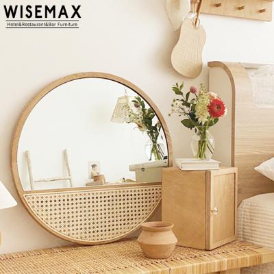 China WISEMAX FURNITURE Wooden Frame Dressing Table Mirror Round Shape Design Classic And Modern Rattan Mirror With Weaving Decoration for sale