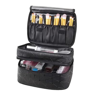 China Durable Double-Layer Makeup Bag Large Cosmetic Bag With Bag And Brush Divider for sale