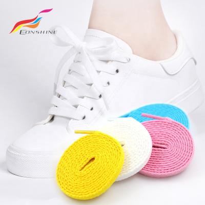 China Durable Flat Single Layer Polyester Colorful Laces Flat For Holidays With Plastic Clear Tip for sale