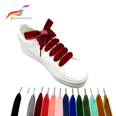 China Custom Made Flat Soft Velvet Laces With Plastic Tips Wholesale Shoe Laces for sale