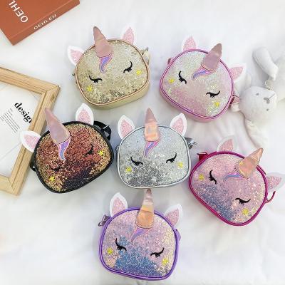 China Fashion new wholesale kids cute cartoon unicorn cross - body shoulder bag satchel oblique sequins kids pinch mini purses zipper coin purses for sale