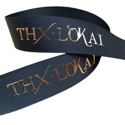 China High Tenacity Factory Customized 25Mm Black Polyester Gift Ribbon Gold Band Decorative Logo Printed Grosgrain Ribbon Satin Ribbon For Packing for sale