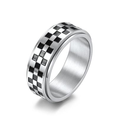 China New Fashion Car Romantic Wholesale Black Checkerboard White Enamel Grid Rotating Ring Stainless Steel Plated Gift Jewelry For Women Men for sale