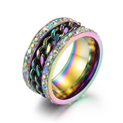 China Men Titanium Spinner Chain Mens Zircon Stainless Steel Rings Gold Black Color / Colorful Rotating Cuban Chain Spinner Ring for sale