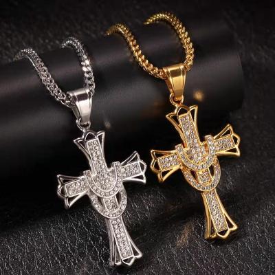 China Bling Environmental Friendly Rhinestone Finish 18K Gold Plating Gold Silver Cross Crystal Stainless Steel Pendent for sale