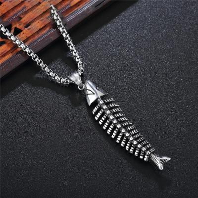 China Environmentally Friendly Wholesale Custom Made Vintage Piranha Bone Necklace Stainless Steel Fish Pendant With 3D Effect for sale