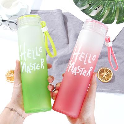 China Sustainable Colored Letter Glass Water Bottle Frosted Portable Bottle Glass Drink Cup for sale