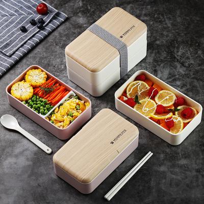 China Biodegradable Takeaway Bamboo Fiber Reused Bento Lunch Box Bamboo Lid Materials Food Container Plastic and Cutlery 2layer for sale