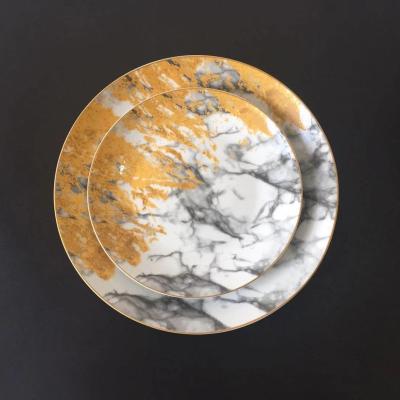 China Durable Heat Resistant Porcelain Dish Gold Edge Marbled Steak Dish Hotel Home Boutique Ceramic Dish for sale