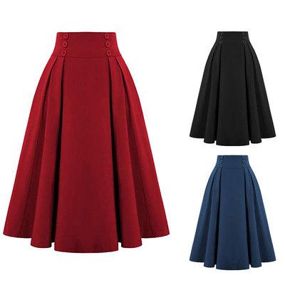 China OEM Viable Ladies Swing Retro Buttons Decorated Elastic Waistline Pleated Skirt for sale