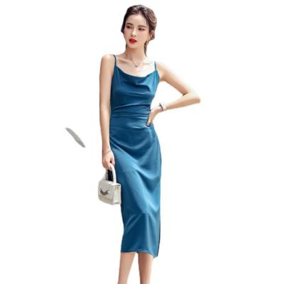 China Washable Ready To Ship Women's Night Out Cami Prom Dress 2021 Midi Silk Solid Satin Dinner Party Prom Dresses Sleeveless for sale