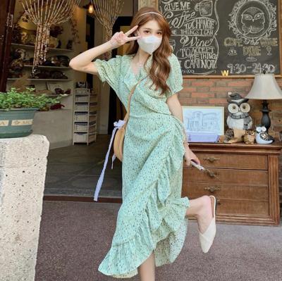 China 2021 Summer New Washable Chiffon Floral Dress Women's Lotus Leaf Dresses Long Coffee Break French Soft Style for sale