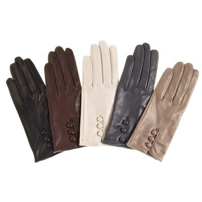 China Comfortable Export Quality Silk Striped Women's Lambskin Leather Gloves With Buttons Solid Colors Designed New Winter Gloves for sale