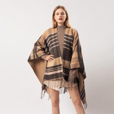 China Polyester Fashion Front Plaid Open Poncho For Women Elegant Shawl Wrap Sweater For Autumn Winter for sale