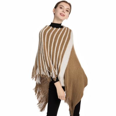 China Soft soft feeling 80%acrylic 20%polyester knit poncho, solid mix stripes designed cold weather winter women poncho for sale