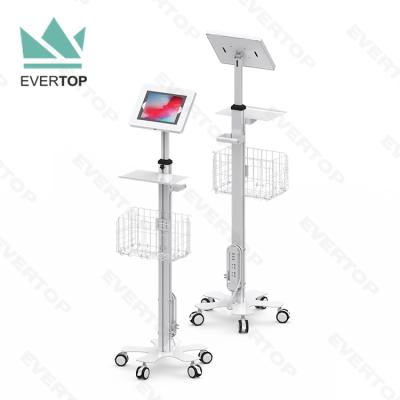 China TC03-C Mobile Effortless Height-Adjustable Hospital Tablet Cart for iPad Trolley Tablet Stand Floor Cart with Docking Station Basket for sale