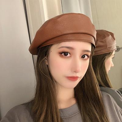 China New Design Color PU Leather Ladies Beret Casual Hat Wholesale Pure French Leather Women's Stylish Soft Berets for sale